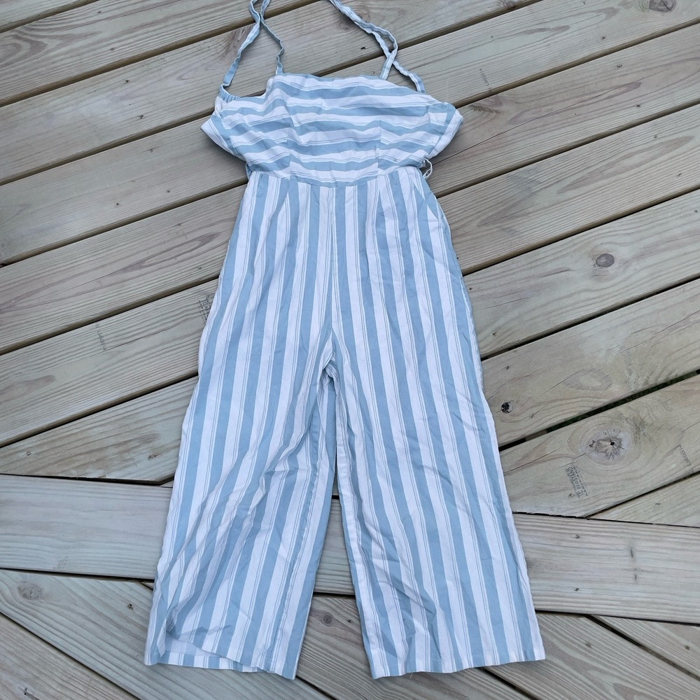 Main Strip Jumpsuit Cropped Romper Blue Striped Sleeveless Tie Small Americana